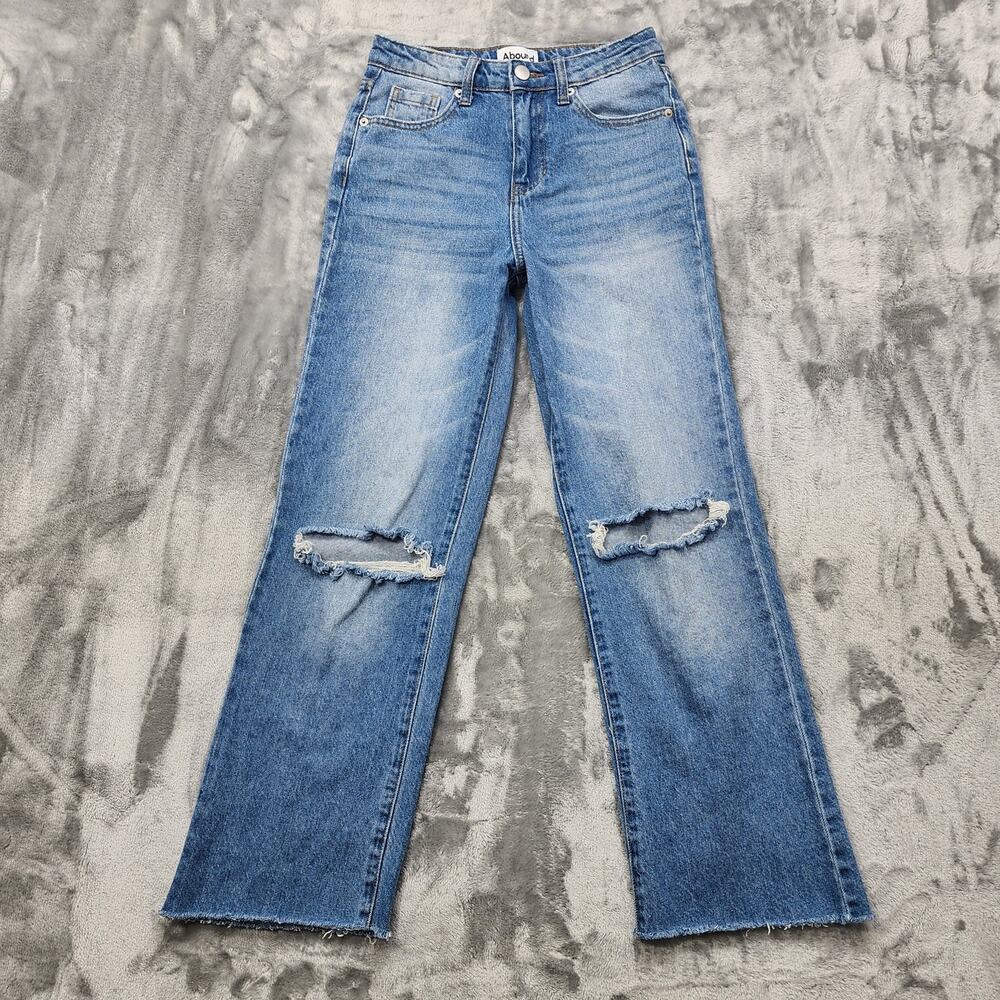 Abound Jeans Women 24 Blue Distressed Ripped Wide Leg Crop Ankle Raw Hem Stretch